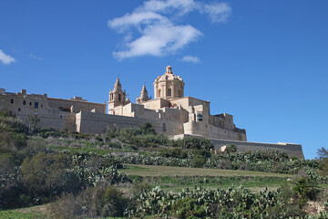 Fototapeta na wymiar The fortified city of Mdina in Malta stands tall on the horizon