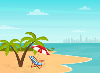 Fototapeta na wymiar Hello summer. Relaxing scene on a breezy day, deck chair and umbrella.