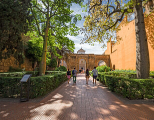Fototapeta na wymiar Access avenue to the Alcazar palace in Seville, Spain.