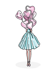 Sweet girl with pink balloon in the shape of a heart. Stylish young woman in azure dress. Drawing, design, sketch for postcard, notepad, card. Hand drawn woman in fashion clothes. Happy Birthday.