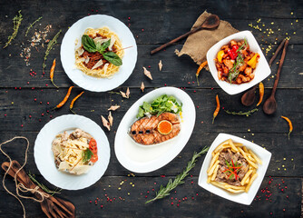 Menu salmon spaghetti bolognese beef and fries