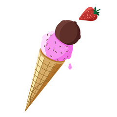 Ice cream cone with pink and brown scoops and strawberry decoration on white background