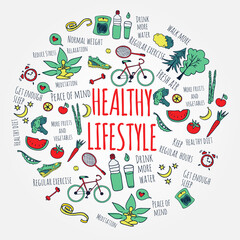 Healthy lifestyle vector doodle concept illustration