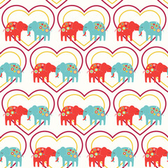 Cute elephants in love, vector seamless pattern