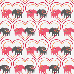 Cute elephants in love, vector seamless pattern