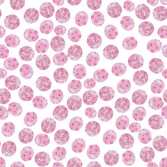 Cute seamless pattern of pink dinosaur eggs, fantasy illustration with round elements