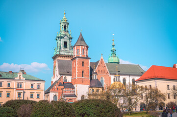 Fototapeta na wymiar Cathedral of St Stanislaw and St Vaclav and Wawel Castle during the day in Krakow, Poland