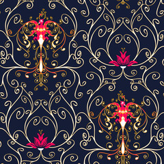 Seamless vector pattern with phoenix   on blue background. Beautiful floral vintage wallpaper design with fire bird and lotus flower. Curved lines luxury fashion textile.