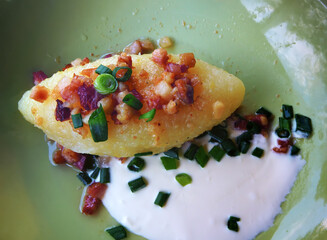 Cepelinai (zeppelin) with sour cream, cracklings and and green onion. © troyka