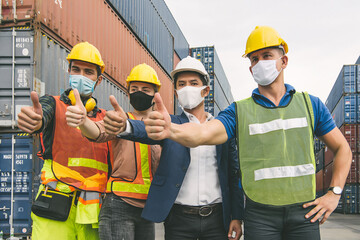 Construction team shows thumb up with business man