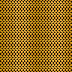 Seamless golden metallic texture with perforation. Shiny textured gold surface with holes.