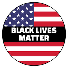 Black lives matter round icon with star-striped national American flag and a black mourning stripe with the text. No Racism concept.