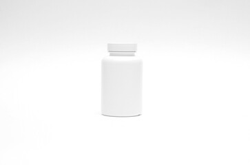 Photo of one plastic jar for package pills and vitamins for people who lead healthy way of life – isolated on white background 