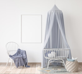 Mock Up frame In farmhouse Interior Background in baby room, blue color in  nursery mockup, Scandinavian Style, 3D render