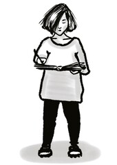young woman standing and drawing or writing in sketchbook isolated on white