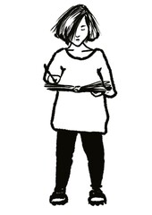 young woman standing and drawing or writing in sketchbook isolated on white