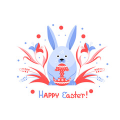 Blue rabbit holding an Easter egg. Sitting surrounded by flowers. Vector image, isolated, drawn in pink and blue on a white background. Cartoon style. For registration of a design for Easter.