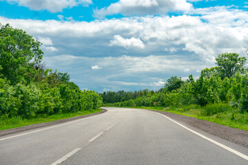 Asphalt сountry side road at cloudy summer day, midway view