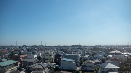 Beautiful view of japanese small city with clear blue sky background and copy space
