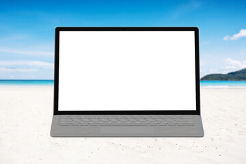laptop or notebook with blank copy space for your text on white sand  beach  blue sea and clear sky for advertising poster at summer beach advertisement vacation concept.
