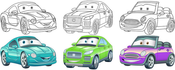 Cartoon cars. Coloring pages for kids. Colorful clipart characters. Childish designs for t shirt print, icon, logo, label, patch or sticker. Vector illustration.