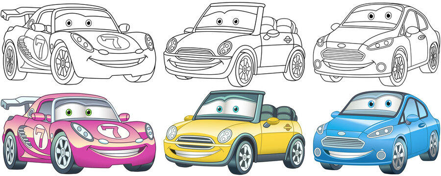 Cartoon cars. Coloring pages for kids. Colorful clipart characters. Childish designs for t shirt print, icon, logo, label, patch or sticker. Vector illustration.