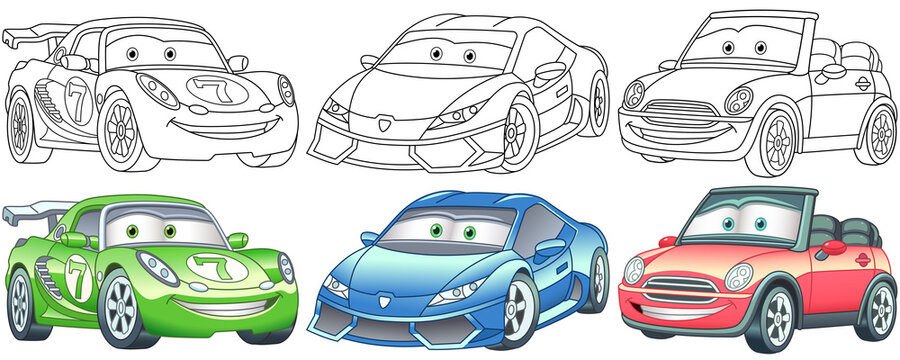 Cartoon cars. Coloring pages for kids. Colorful clipart characters. Childish designs for t shirt print, icon, logo, label, patch or sticker. Vector illustration.