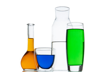 Different types of glasses with different drinks and colors, isolated on white.