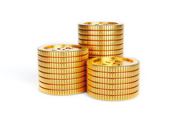 Stack of  shiny gold coins isolated on a white background. Capital growth saving and finance concept. 3D rendering