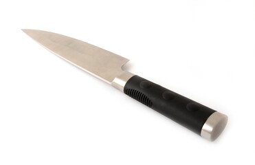 Stainless steel knife over white.