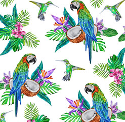 Obraz premium Bright watercolor pattern of macaw parrots, hummingbirds, tropical bouquets, flowers, leaves and coconuts on a white background. 
