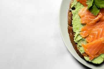 sandwich with guacamole and salmon on a plate on a white background