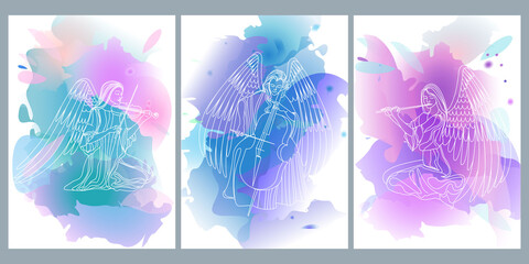 set of watercolor postcards with a linear image of angels-musicians