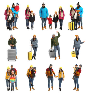 Collage with photos of people wearing warm clothes on white background. Winter vacation