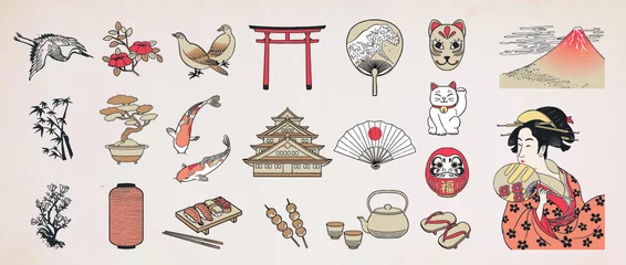 Foto op Plexiglas Japanese doodle set. Japanese traditional design elements. Hand drawn vactor illustration. © artiflow