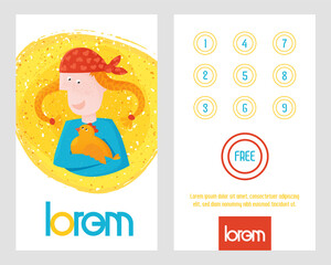 Loyalty card. Buy 9 get 1 free. Woman with hen in arms.