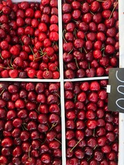 Juicy delicious cherries on the market macro