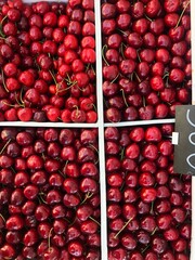 Juicy delicious cherries on the market macro