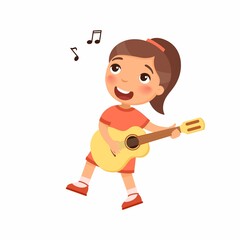 Girl playing guitar and singing song flat vector illustration. Young female cartoon character holding musical instrument and dancing. Talented child hobby, leisure isolated on white background