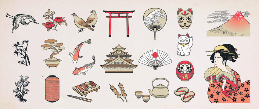 Japanese doodle set. Japanese traditional design elements. Hand drawn vactor illustration.