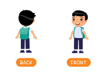 FRONT and BACK antonyms word card vector template. Flashcard for english language learning. Opposites concept. Little asian schoolboy stands with her back to us, boy stands in front of us. 