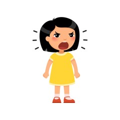 Little asian girl screams out loud, clenching her hands into fists. Angry female child standing cartoon character. Сhild shows bad behavior. Disorder of the child's psyche. Flat vector illustration
