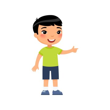 Little asian boy pointing with index finger flat vector illustration. Smiling male child  standing cartoon character. Kid showing direction, paying attention gesture isolated on white background