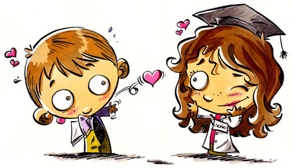 children in love, a boy dressed as an executive throws kisses and hearts to a girl dressed as a recently graduated school teacher in her career