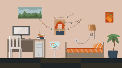 Interior design of bedroom. Computer table, bed, plant, aquarium, lamp, posters. Flat style vector illustration.