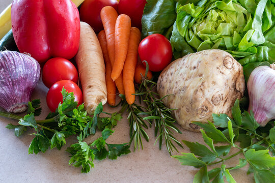 fresh vegetables on table after market