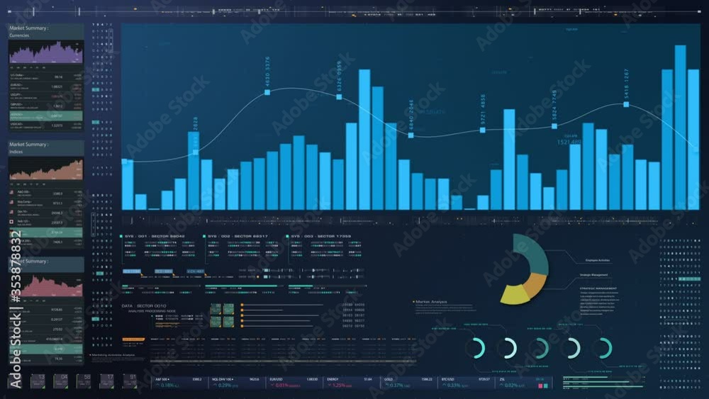 Poster business stock market, trading, info graphic with animated graphs, charts and data numbers insight a