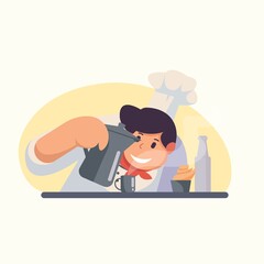A chef is brewing coffee and cakes on the table. Cartoon cook chef illustration.  Vector character restaurant staff flat design,for website, poster, pamphlet or any design