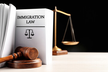 Judge's gavel, Immigration law book and scales on table against black background. Space for text