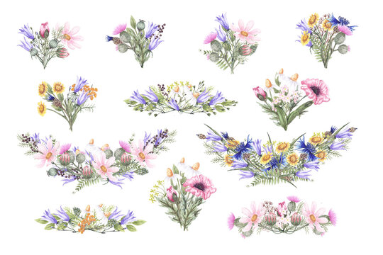 Large set with bouquets of wildflowers poppy, cornflower, bluebell, white daisy, pink and yellow and other herbs. Watercolor illustration hand drawn. Design for printing invitations, cards